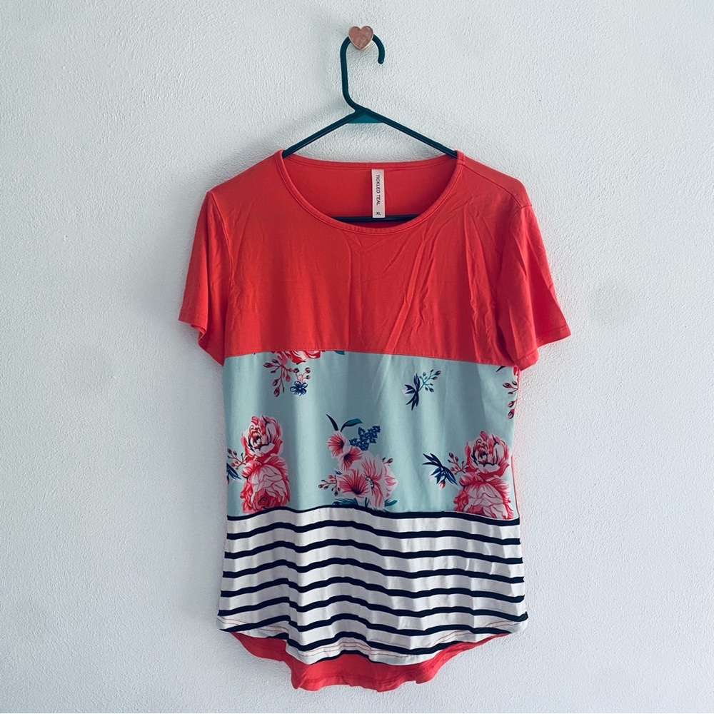 Tickled Teal coral striped floral tee